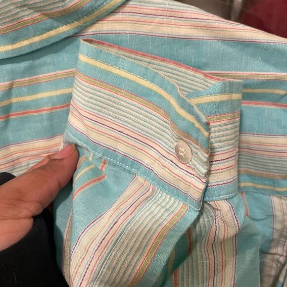 Kate Hill Blouse Womens 1X Linen Button Up Blue Striped Roll Tab Sleeve Collared - Picture 6 of 8